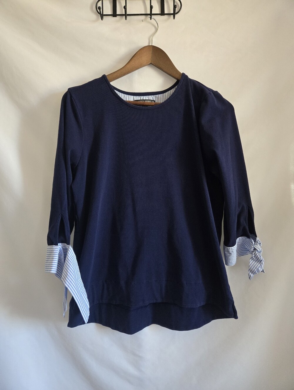 Brooke Shields Navy Blue Women's Pullover Tunic with Striped Tie Cuff Small